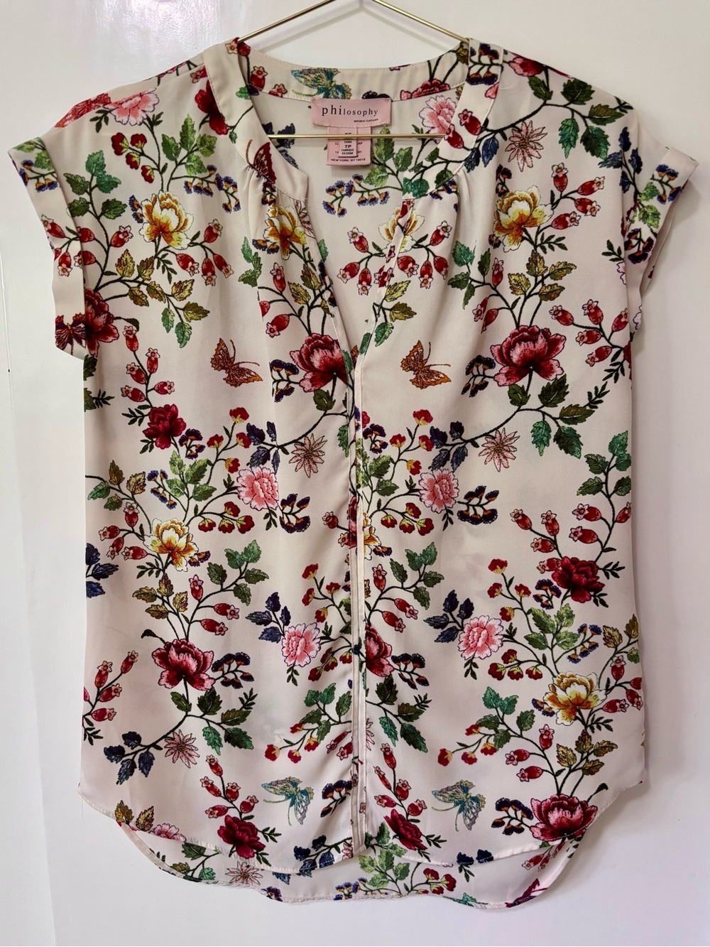 philosophy| Bream & Pink Floral Cap-Sleeve Lightweight V-Neck Blouse Sz XS